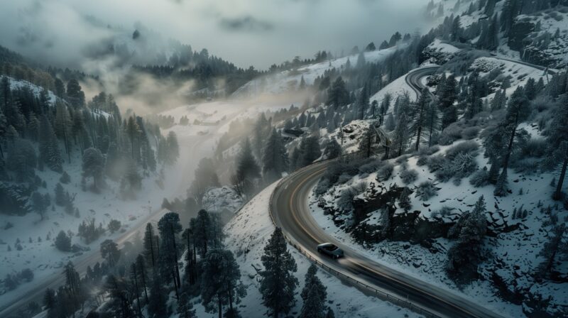Une route enneigée sur laquelle roule une voiture avec des pneus hiver adaptée à la situation hivernale
