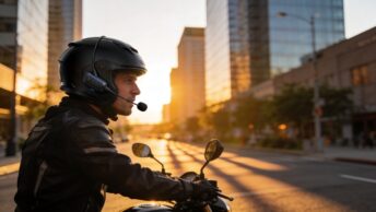 Un motard avec un système intercom en train de parler au téléphone